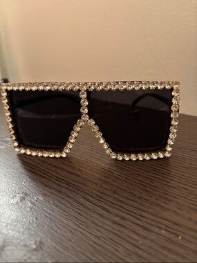 Rhinestone Trim Oversized Black Shield Sunglasses